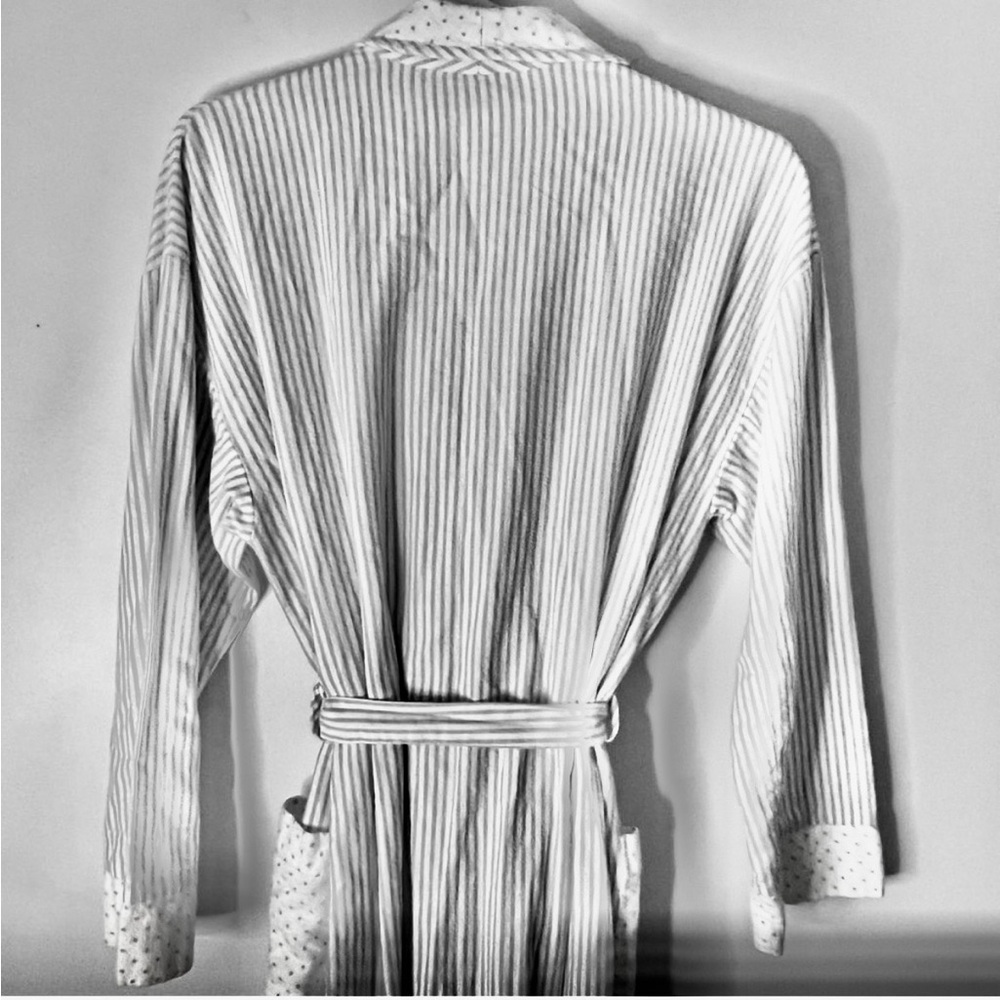 Vintage Lanz of Salzburg Blue White Polka dot, Stripe Flannel Robe Sash Sz Med - Picture 3 of 6